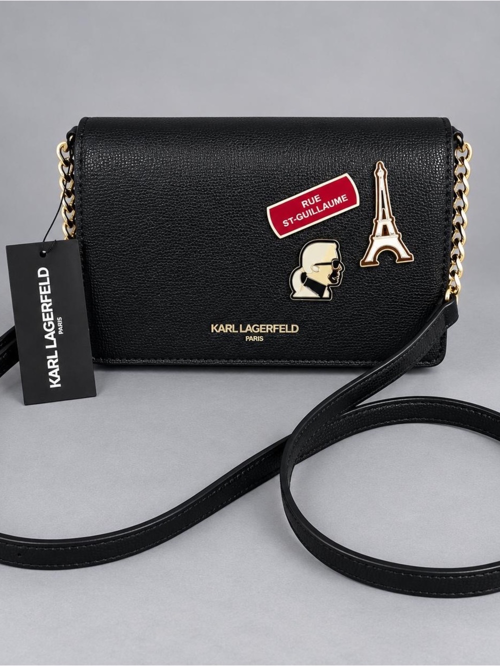 Karl Lagerfeld Black Leather Crossbody Bag with Gold Chain and Enamel Pins